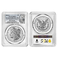 Juego de 2 monedas Morgan y Peace Dollar de $1 con reverso a prueba 2023-S PCGS PR70 FS Morgan-2