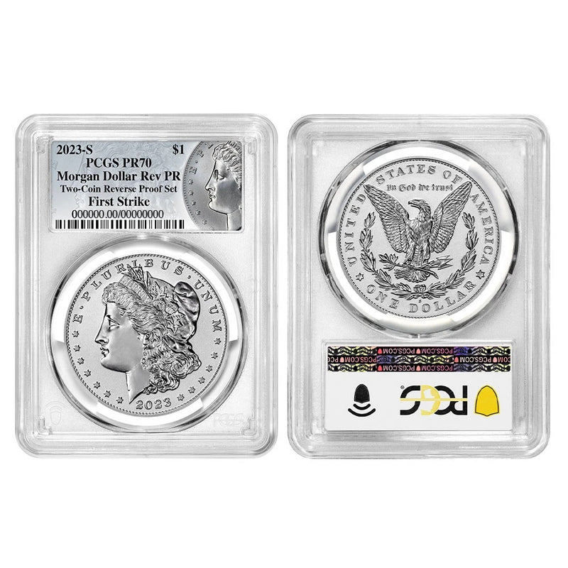 Juego de 2 monedas Morgan y Peace Dollar de $1 con reverso a prueba 2023-S PCGS PR70 FS Morgan-2