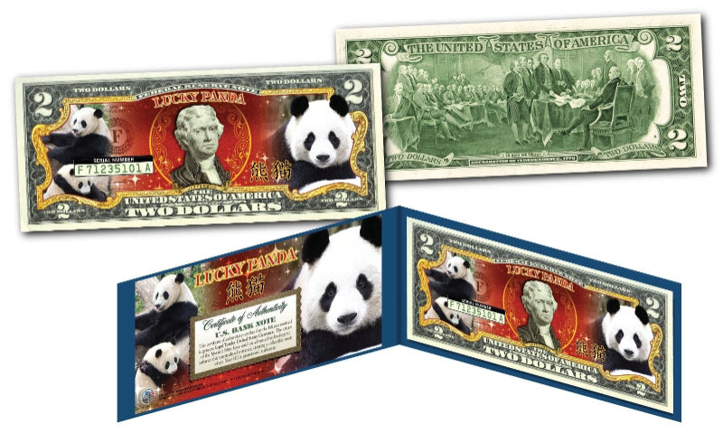 LUCKY PANDA Genuine Legal Tender $2 Bill U.S. Chinese Lucky Money w/ Folio & COA