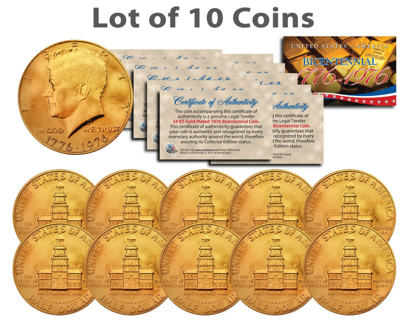 Bicentennial 1976 JFK Kennedy Half Dollar U.S. Coins 24K GOLD PLATED (Lot of 10)