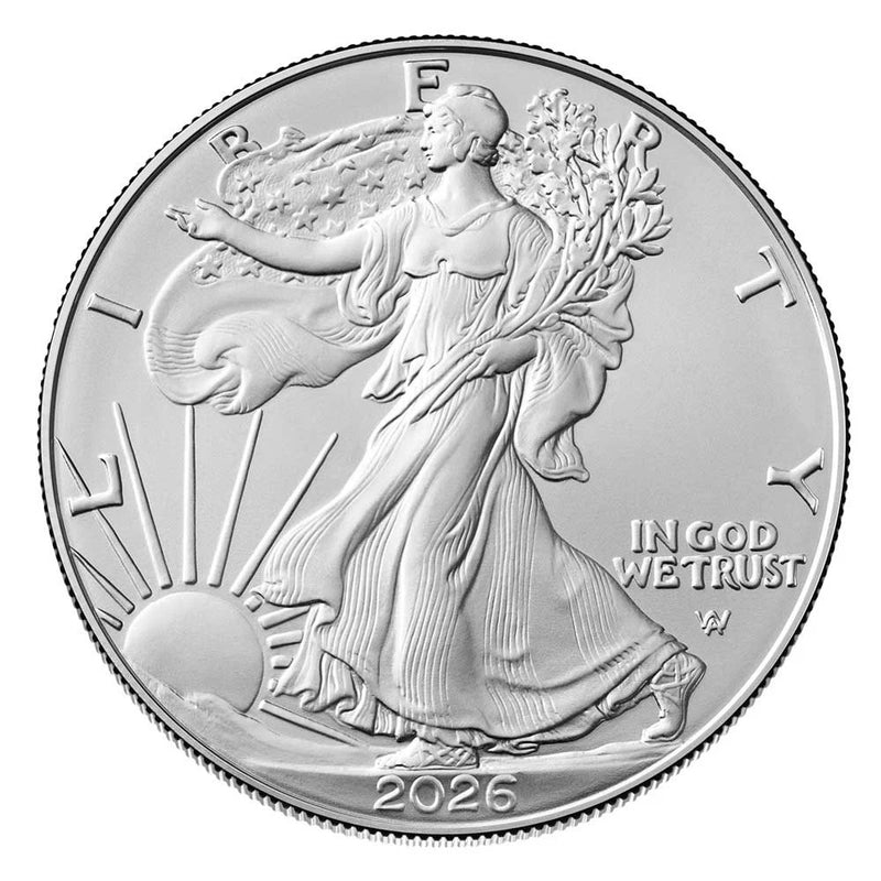 Moneda American Silver Eagle brillante sin circular de 1 onza y $1 de 2026-2