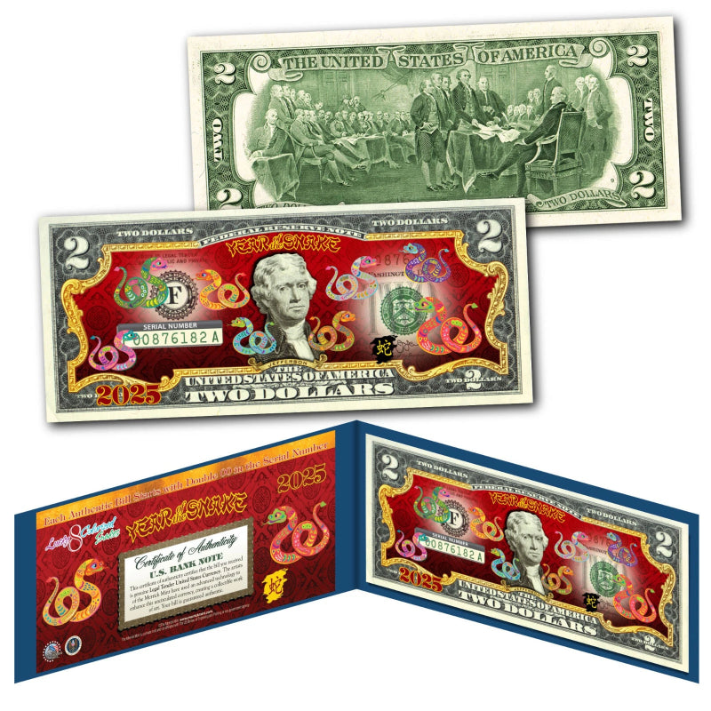 2025 Lunar Chinese New YEAR OF SNAKE Polychrome 8 COLOR SNAKES $2 U.S. Bill BLUE
