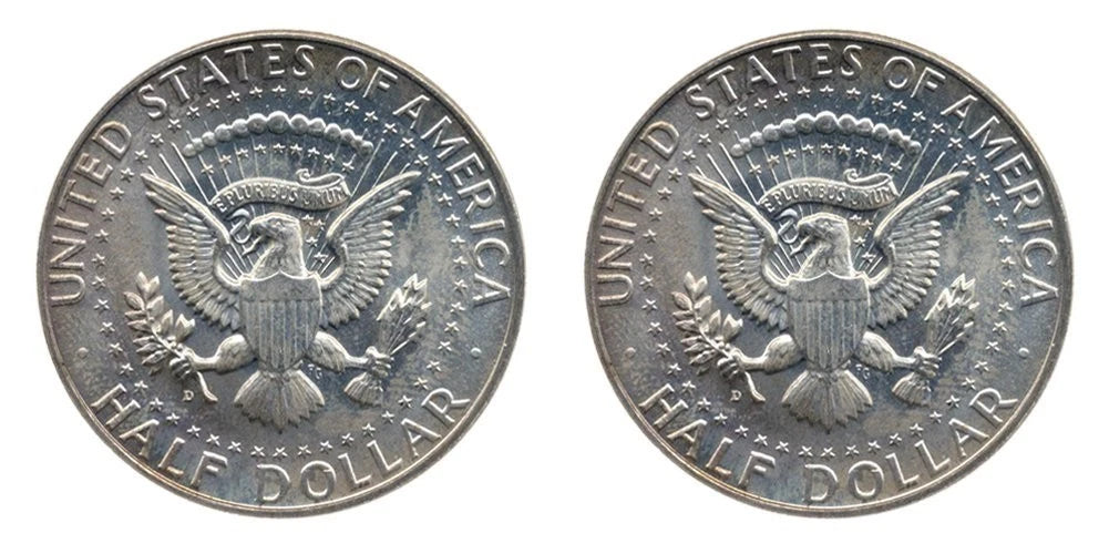 Juego de 2 monedas de medio dólar John F. Kennedy JFK de plata al 90 % de 1964, en muy buen estado de circulación.-2