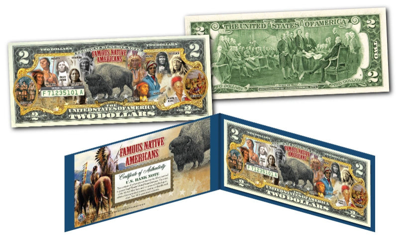 FAMOUS NATIVE AMERICANS Buffalo Bison Official Genuine Legal Tender U.S. $2 Bill