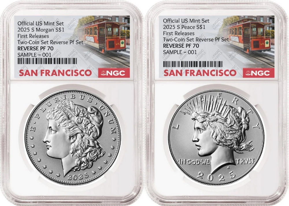 Juego de 2 monedas Morgan and Peace de 2025, dólar de prueba invertido, NGC RP70 FR SF