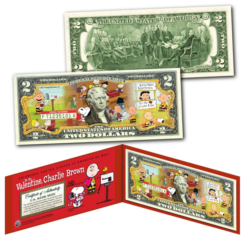 PEANUTS * BE MY VALENTINE, CHARLIE BROWN * Licensed U.S. Legal Tender $2 Bill-1