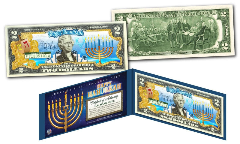 HAPPY HANUKKAH Festival of Lights OFFICIAL Holiday Legal Tender U.S. $2 Bill COA-1