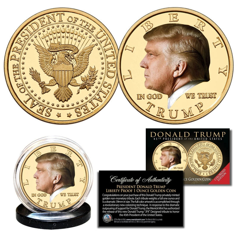 Donald Trump 45th President COLORIZED Liberty Proof 1 OZ Golden Tribute Coin