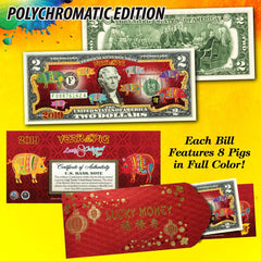 2019 CNY Chinese New YEAR OF THE PIG Polychromatic 8 COLOR Pigs $2 U.S. Bill RED-1