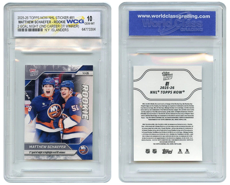 Tarjeta adhesiva de MATTHEW SCHAEFER de la NHL Topps Now 2025, NOVATO n.° 81 - GEM MINT 10-2