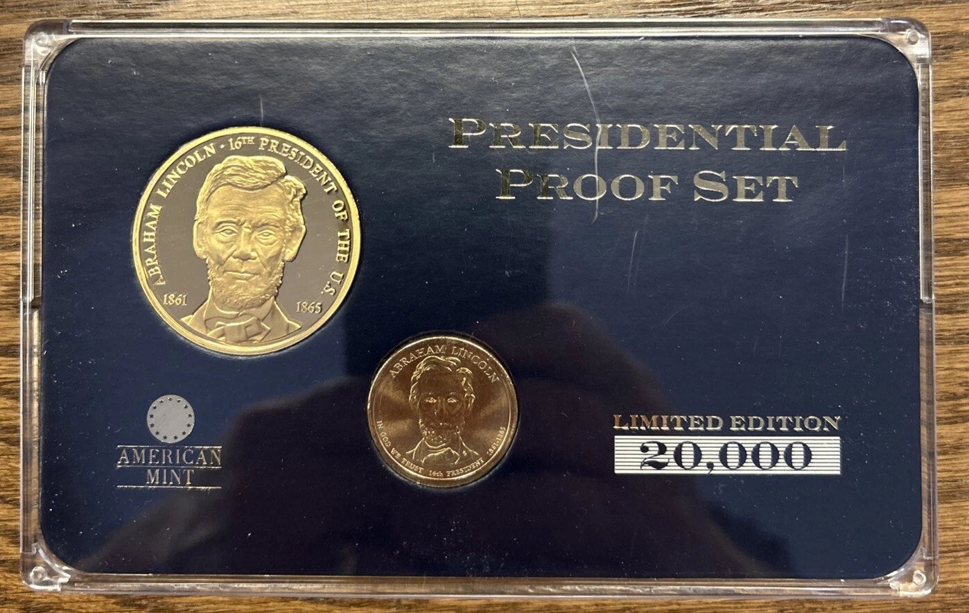 President Proof Set Abraham Lincoln $1 Coin +24k Gold Plated Medal American Mint-2