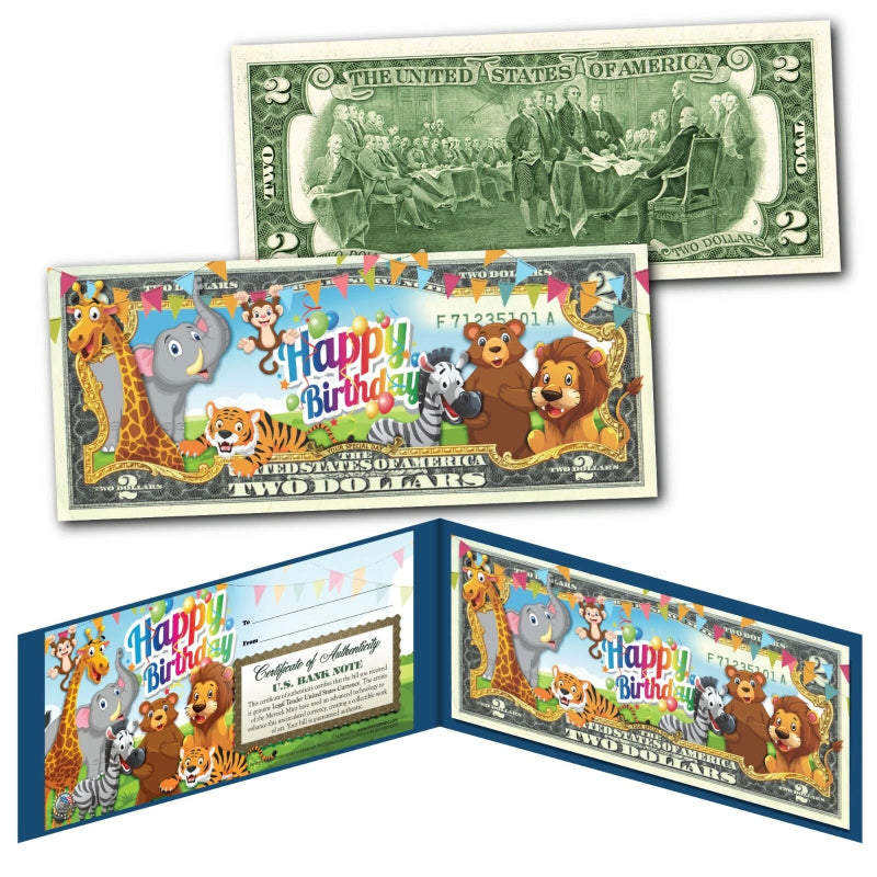 HAPPY BIRTHDAY Zoo Animals Youth Colorized Genuine Legal Tender U.S. $2 Bill-2
