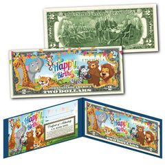 HAPPY BIRTHDAY Zoo Animals Youth Colorized Genuine Legal Tender U.S. $2 Bill-2