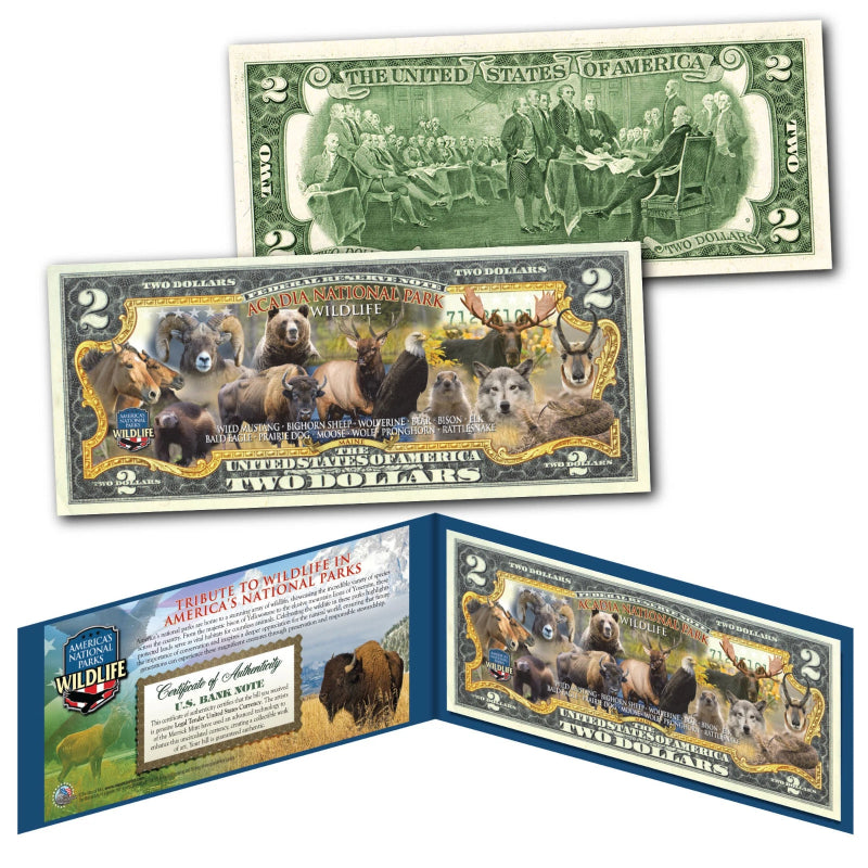 ACADIA Maine WILDLIFE in America's National Parks Animals Genuine $2 U.S. Bill