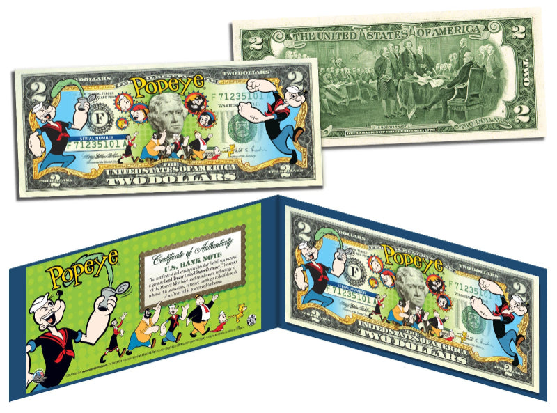 POPEYE & GANG Genuine Legal Tender U.S. $2 Bill *OFFICIALLY LICENSED* w/ Holder