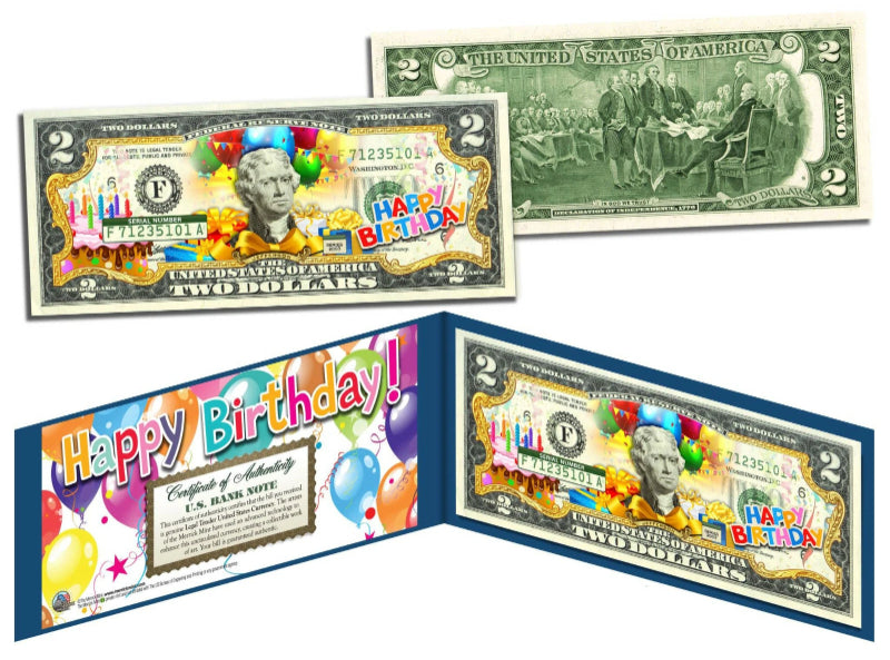 HAPPY BIRTHDAY Colorized Legal Tender Genuine U.S. $2 Bill with Display & COA-2