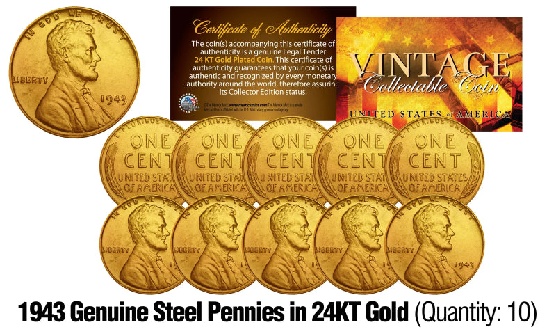 1943 Genuine Steel WWII Lincoln Wheat Penny US Coin 24K GOLD PLATED (QTY: 10)-1