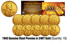 1943 Genuine Steel WWII Lincoln Wheat Penny US Coin 24K GOLD PLATED (QTY: 10)-1