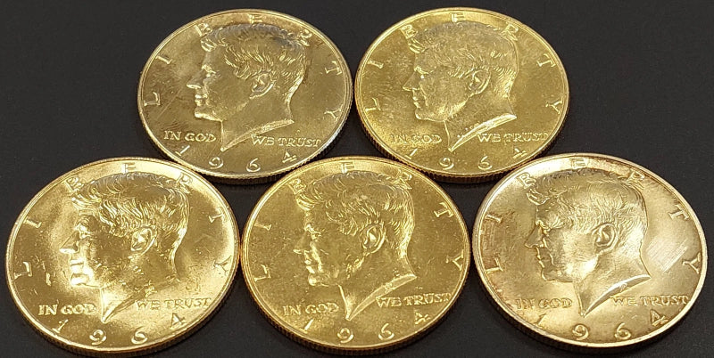 Lot of FIVE 1964 Kennedy Silver Half Dollars! Gold plated!-2