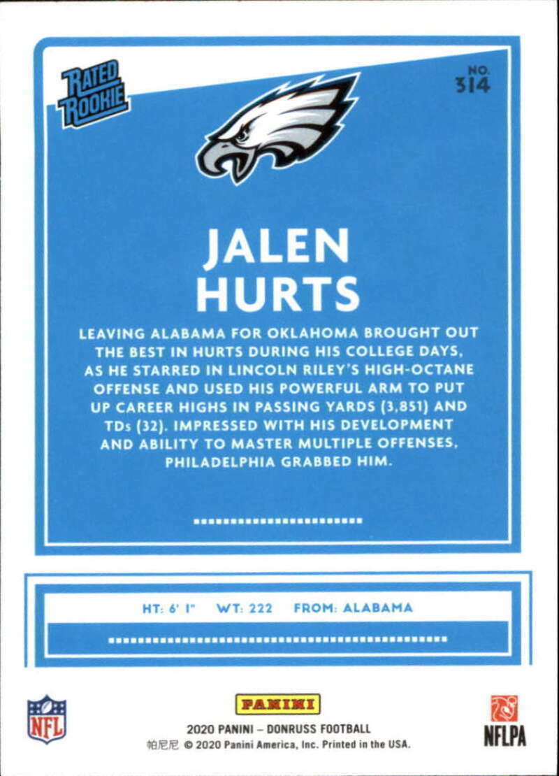 Philadelphia Eagles 2020 Donruss Team Set Jalen Hurts Rated Rookie Card 314-3