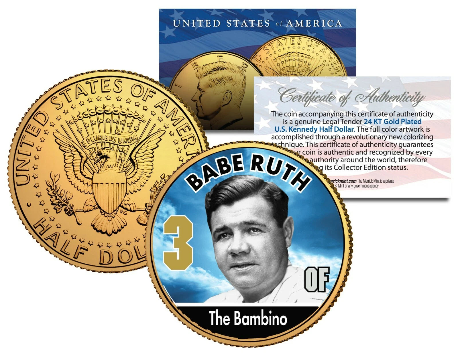 BABE RUTH Yankees Baseball Legends JFK Half Dollar 24K Gold Plated US Coin-2