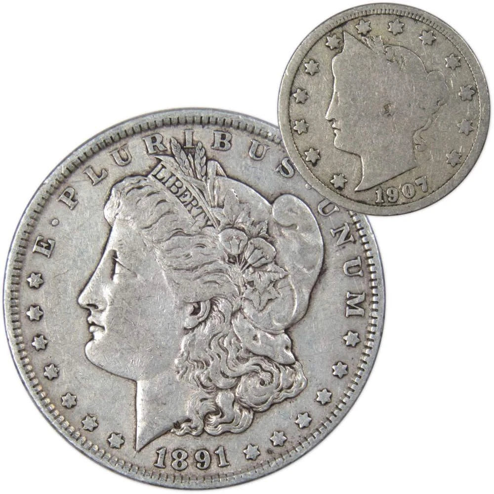 1891 Morgan Dollar VF Very Fine 90% Silver Coin with 1907 Liberty Nickel G Good