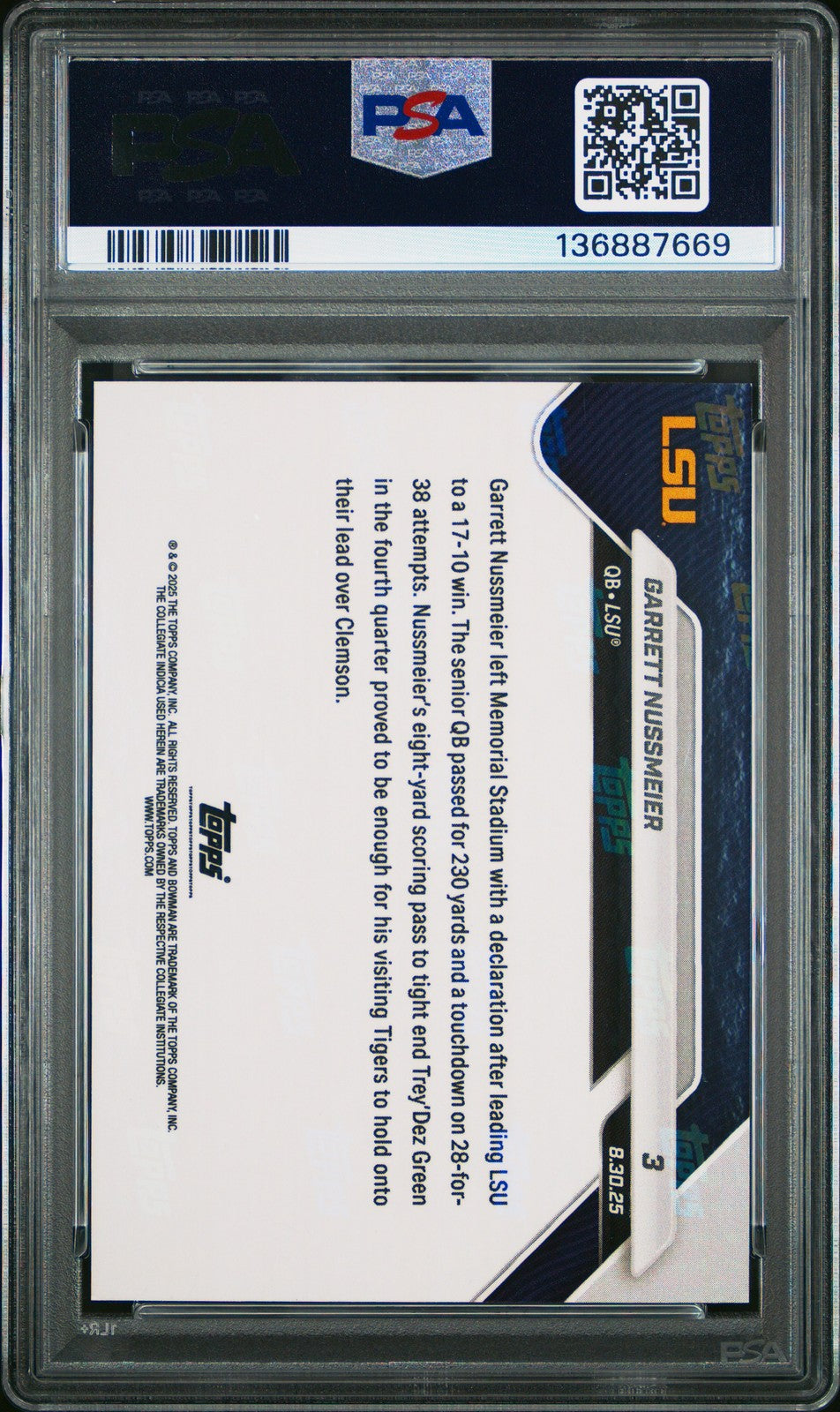PSA 9 Garrett Nussmeier Gold Foil 18/50 #3 2025 Bowman U Now 136887669-2