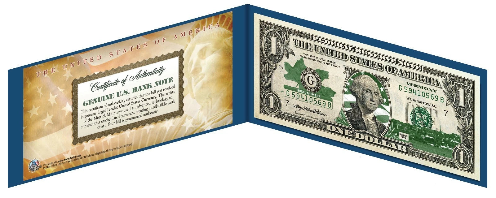 VERMONT State $1 UNC Bill Genuine Legal Tender U.S. One-Dollar GRN Banknote-2