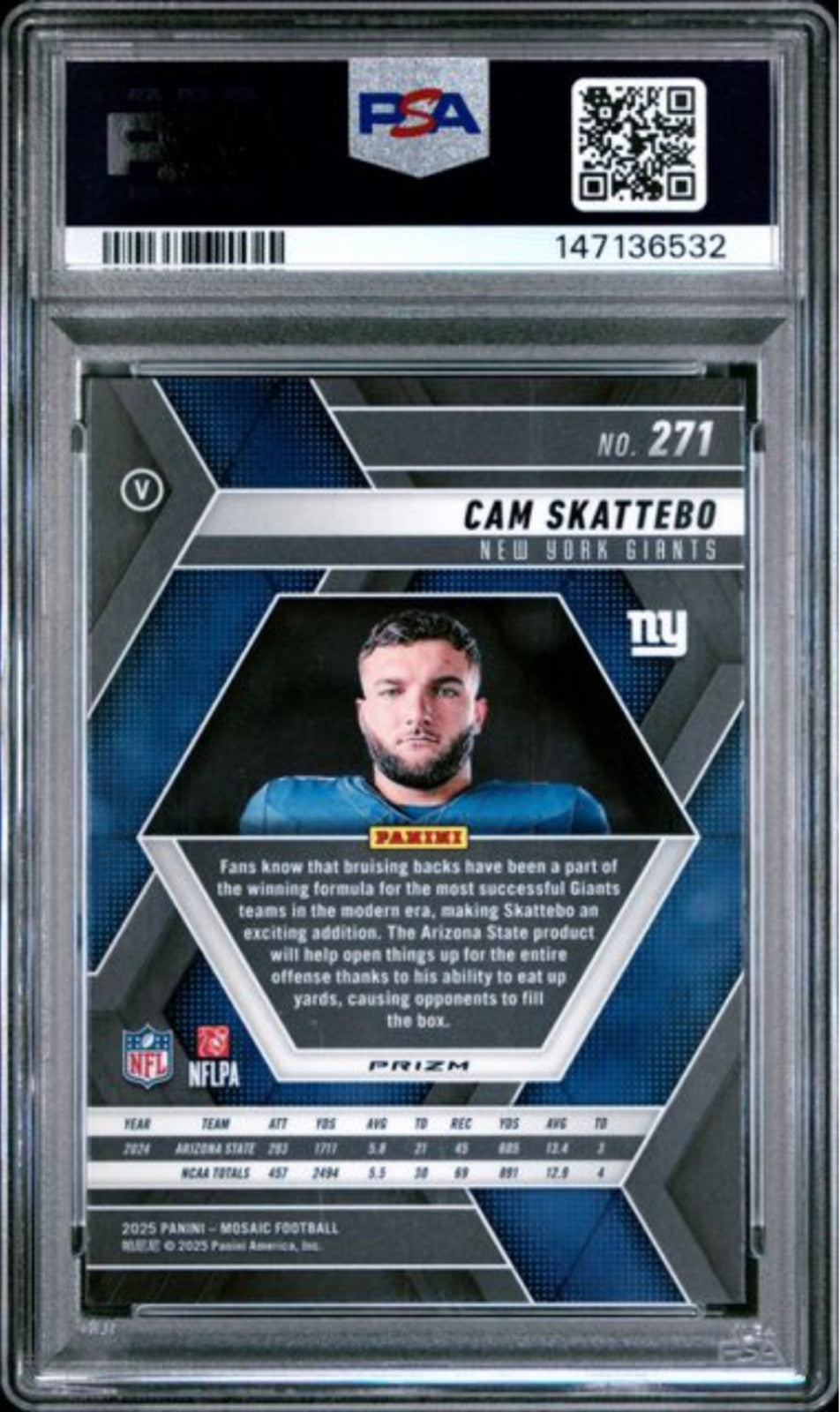 Graded 2025 Panini Mosaic Cam Skattebo #271 Green Rookie RC Football Card PSA 10