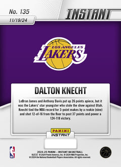 Graded 10 Dalton Knecht #135 LA Lakers Rookie RC 2024 Panini Instant NBA-3