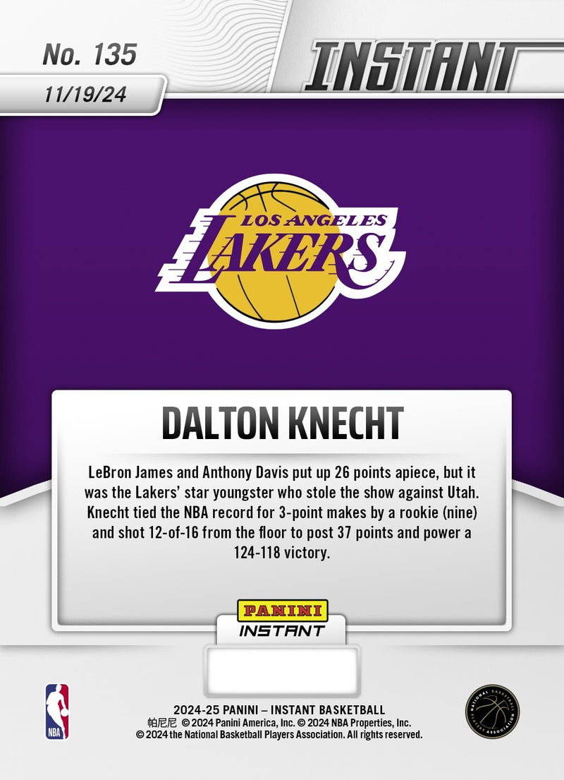 Graded 10 Dalton Knecht #135 LA Lakers Rookie RC 2024 Panini Instant NBA-3