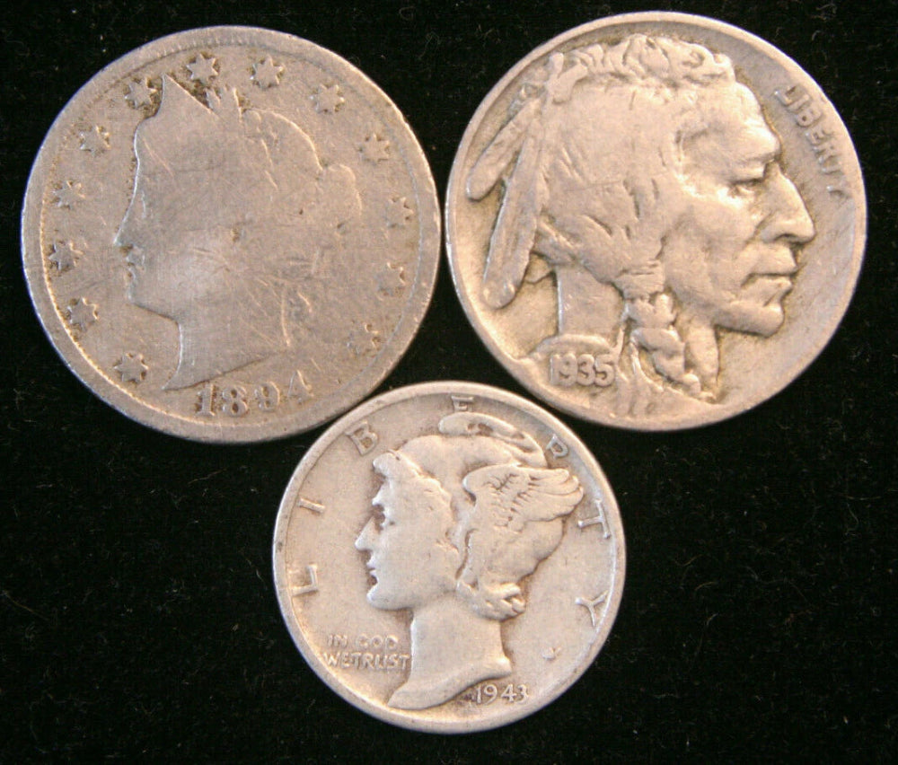 Colección inicial de monedas antiguas y raras de EE. UU., ¡lote de 3: Buffalo Liberty V y Mercury!