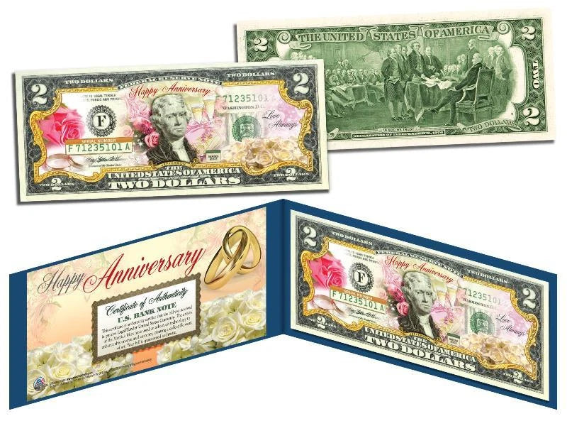 HAPPY ANNIVERSARY Keepsake Gift $2 Bill US Genuine Legal Tender with Folio & COA-1