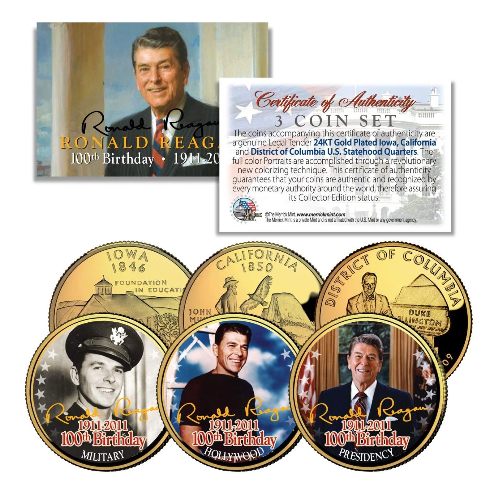 RONALD REAGAN *100th Birthday* 24K Gold Plated Quarters 3-Coin Set Life & Times