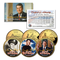 RONALD REAGAN *100th Birthday* 24K Gold Plated Quarters 3-Coin Set Life & Times-1