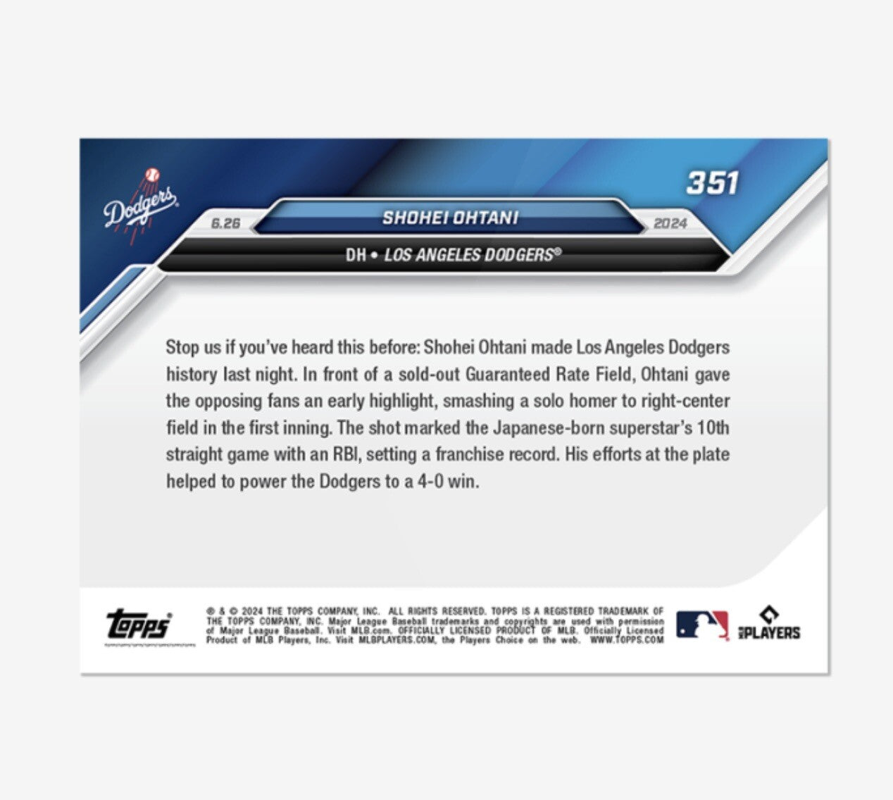 Graded 10 Shohei Ohtani Dodgers Record RBI 2024 MLB TOPPS NOW Card 351-4