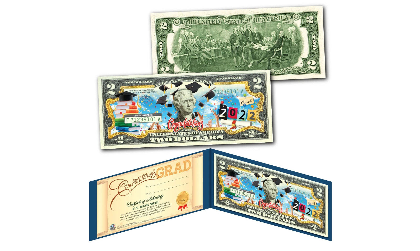 HAPPY GRADUATION 2022 Legal Tender $2 U.S. Bill with Diploma Style Certificate