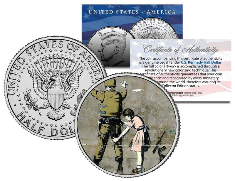 BANKSY * GIRL FRISKING SOLDIER * Colorized JFK Half Dollar U.S. Coin SEARCHING-1