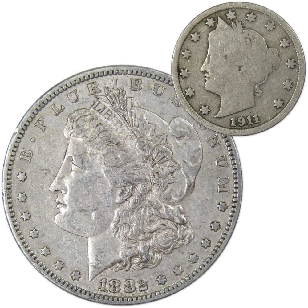 1882 S Morgan Dollar VF Very Fine 90% Silver with 1911 Liberty Nickel G Good