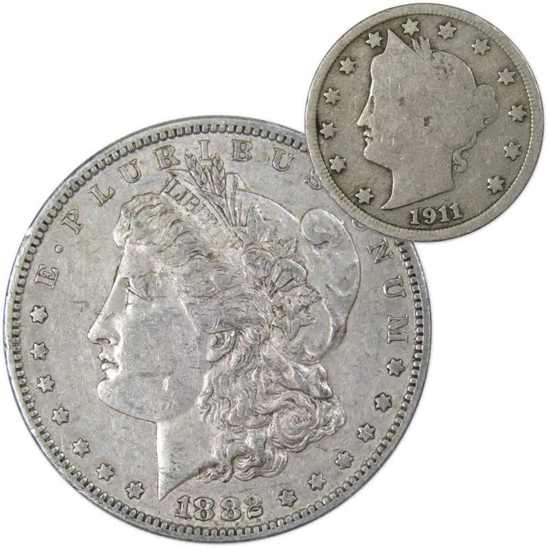 1882 S Morgan Dollar VF Very Fine 90% Silver with 1911 Liberty Nickel G Good-1
