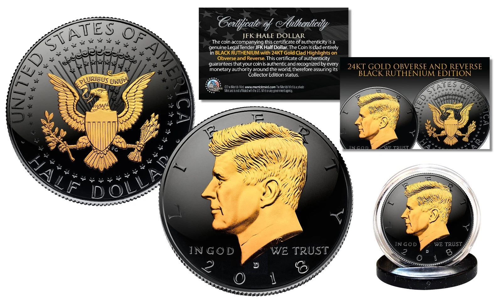 Black RUTHENIUM 2025 JFK Half Dollar U.S. Coin w/ 2-SIDED 24K Gold (Denver MINT)-2