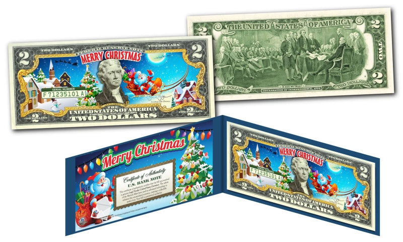 SANTA CLAUS - MERRY CHRISTMAS XMAS Holiday Legal Tender US $2 Bill w/Folio & COA-2