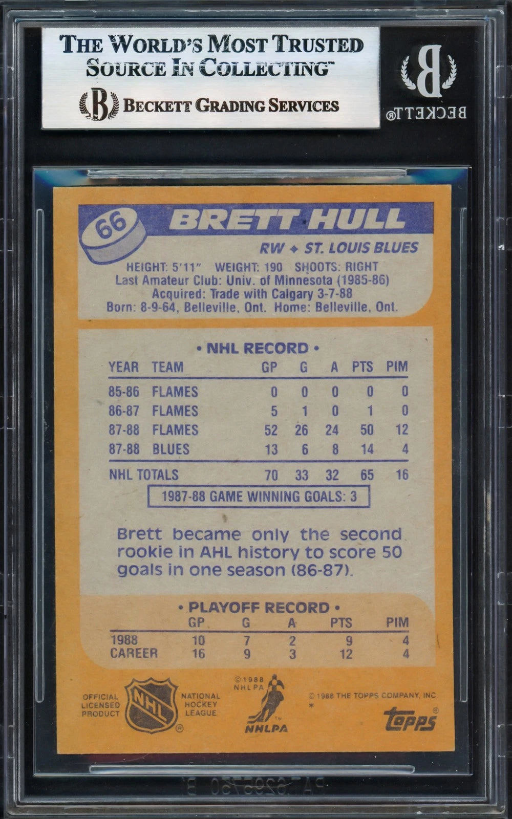 Brett Hull Autographed Signed 1988-89 Topps RC 66 St. Louis Blues Beckett