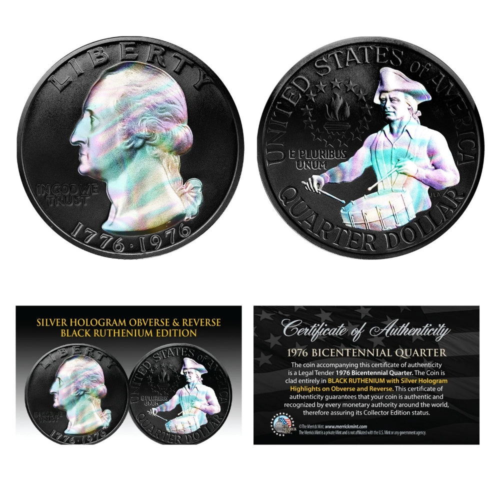 1976 Bicentennial Genuine Quarter Coin - BLACK RUTHENIUM & SILVER HOLOGRAM-3