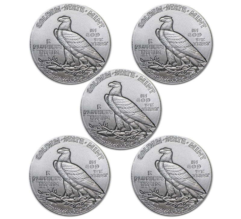 Lote de 5 (5) monedas redondas indias incrustadas de plata de 1929 de 0,10 (1/10) onzas troy .999-3