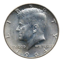 Juego de 2 monedas de medio dólar John F. Kennedy JFK de plata al 90 % de 1964, en muy buen estado de circulación.-3