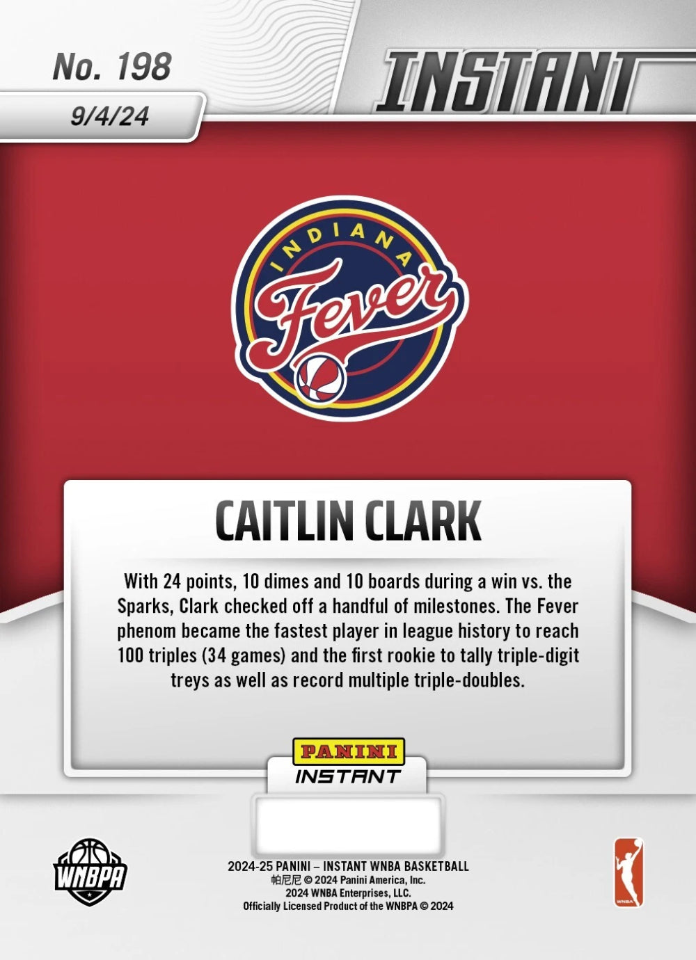 Tarjeta RC CAITLIN CLARK #198 NOVATO, grado 10, 2024 Panini Instant Indiana Fever-4