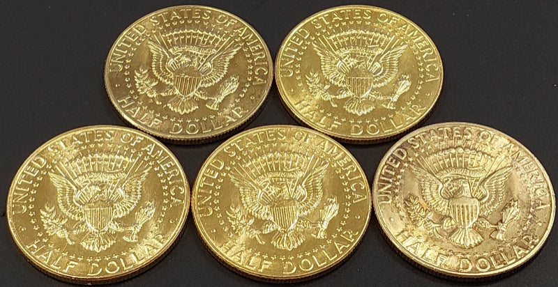 Lot of FIVE 1964 Kennedy Silver Half Dollars! Gold plated!-3