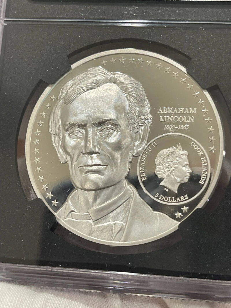 ABRAHAM LINCOLN PF70 By Miles Standish 1oz Silver Coin 5$ Cook Islands 2022 LOC7-3