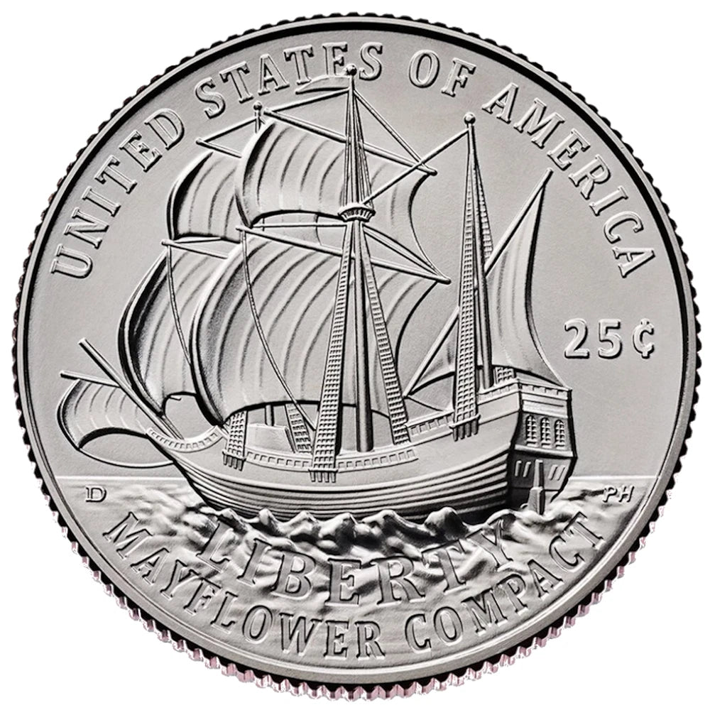 Juego de 2 monedas de 25 centavos de dólar Mayflower Compact P&D del Semiquincentenario de 2026-3